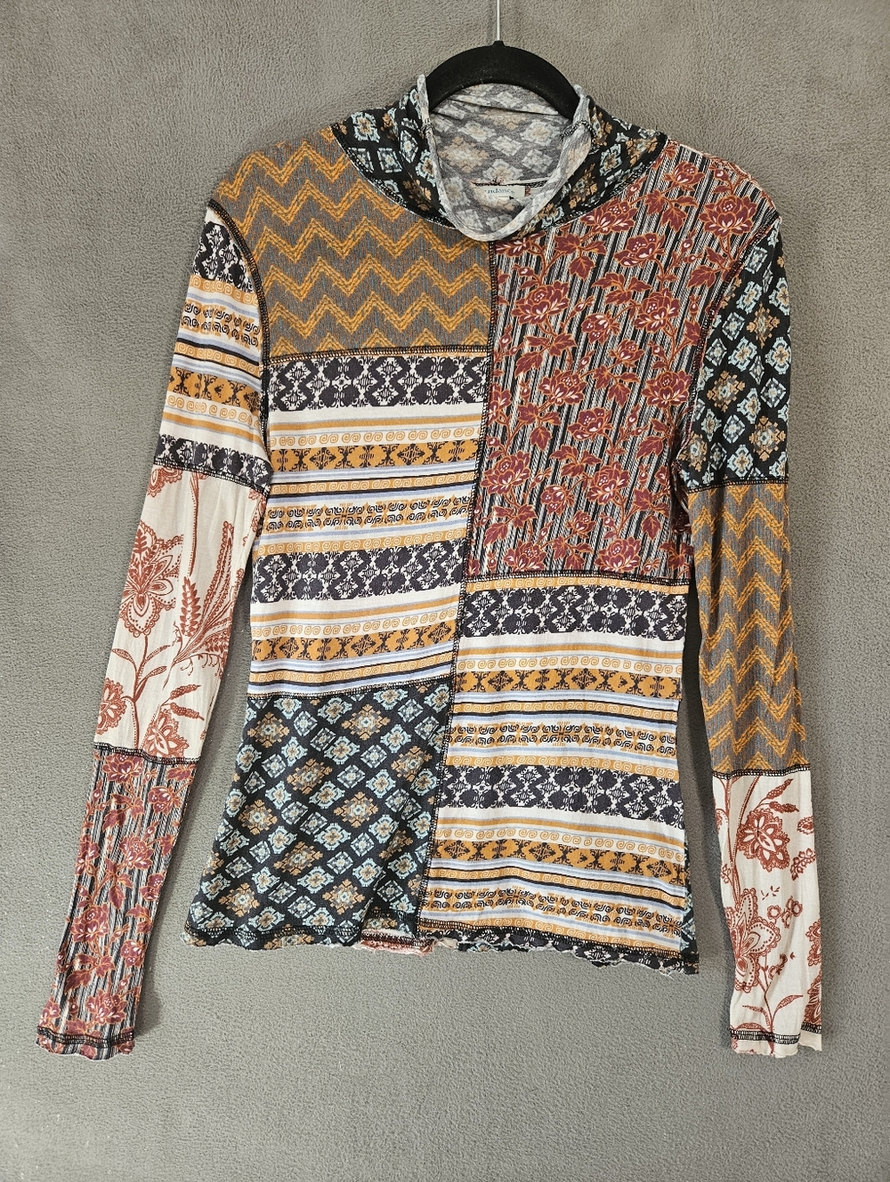 Sundance Floral Patchwork LS Turtleneck Top Lightweight Cotton Modal Boho Small